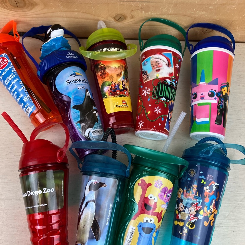 Assorted Lot of 9 Theme Park & Zoo Kids Sipper Cups - Multi-Color Collectable